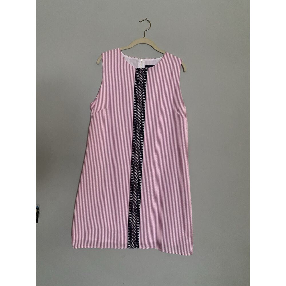 Duffield Lane Women's L Seersucker Dress Pink White Navy Embroidery Preppy